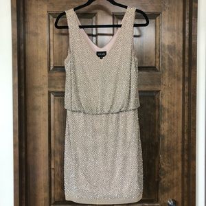 XSCAPE Beaded Blouson Nude Dress